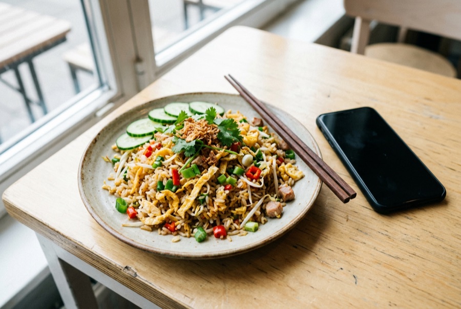 A plate of fried rice with chopsticks on a cafe table, a phone lying face-down beside it — the moment before the meal is priced